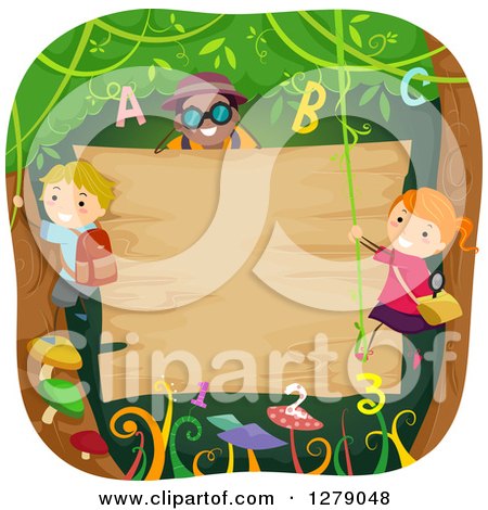 Clipart of Happy Children Climbing and Swinging on Vines with Letters and Numbers Around a Blank Jungle Sign - Royalty Free Vector Illustration by BNP Design Studio