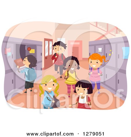 Clipart of Happy Students in a Locker Hallway at School - Royalty Free Vector Illustration by BNP Design Studio