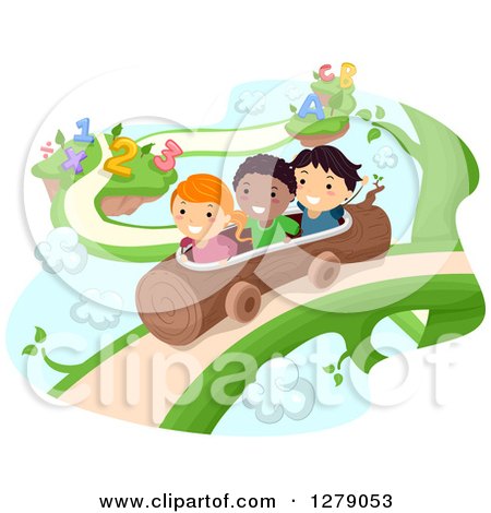 Clipart of Happy Students Riding a Log on a Fantasy Vine with Numbers and Alphabet Letters - Royalty Free Vector Illustration by BNP Design Studio