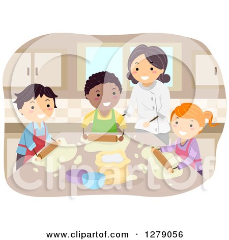 Clipart of Happy Home Economics Students and a Teacher Making Pizza - Royalty Free Vector Illustration by BNP Design Studio