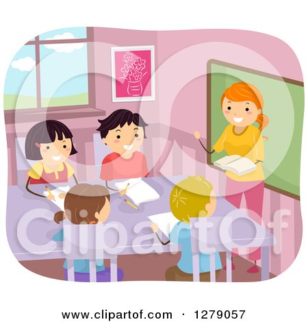 Clipart of Happy Students and a Teacher Reading and Taking Notes in Class - Royalty Free Vector Illustration by BNP Design Studio
