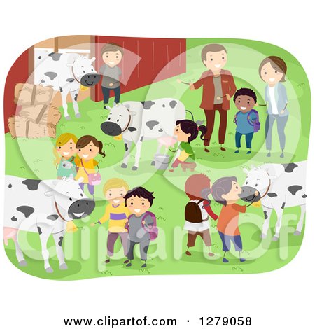 Clipart of Happy Students and Teachers at a Dairy Farm Field Trip, with Cows at a Barn - Royalty Free Vector Illustration by BNP Design Studio