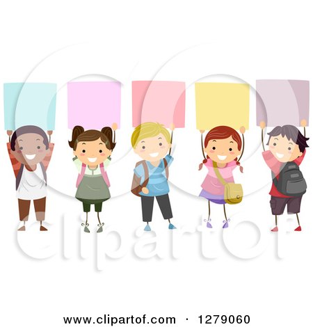 Clipart of Happy School Students Holding up Colorful Blank Boards - Royalty Free Vector Illustration by BNP Design Studio