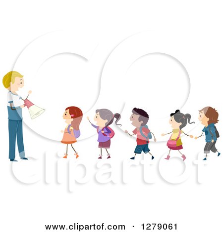 Clipart of Happy School Students in Line, Listening to a Teacher During a Drill - Royalty Free Vector Illustration by BNP Design Studio