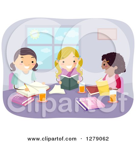 Clipart of Happy School Girls Reading and Studying Together - Royalty Free Vector Illustration by BNP Design Studio