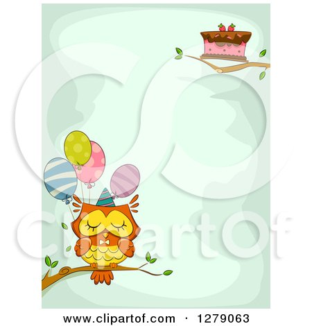 Clipart of a Cute Birthday Owl with a Cake and Balloons on Branches Around Text Space - Royalty Free Vector Illustration by BNP Design Studio