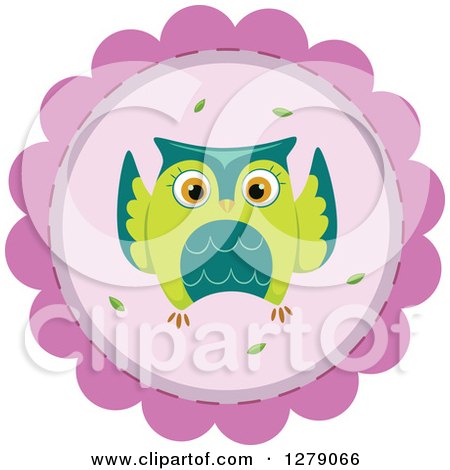 Clipart of a Cute Green Owl Flying on a Purple Badge - Royalty Free Vector Illustration by BNP Design Studio