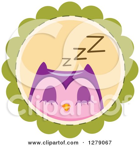 Clipart of a Cute Sleeping Purple Owl on a Green Badge - Royalty Free Vector Illustration by BNP Design Studio