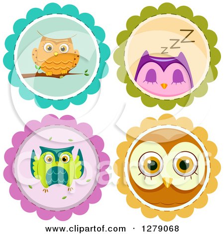 Clipart of Cute Owls on Badges - Royalty Free Vector Illustration by BNP Design Studio