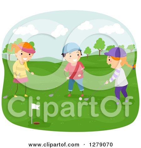 Clipart of Happy Children Playing Golf on a Course - Royalty Free Vector Illustration by BNP Design Studio