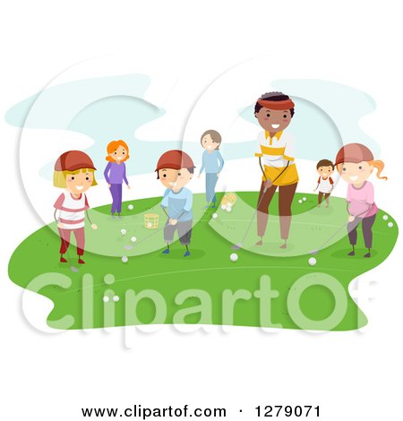 Clipart of a Male Coach Teaching Children How to Play Golf - Royalty Free Vector Illustration by BNP Design Studio