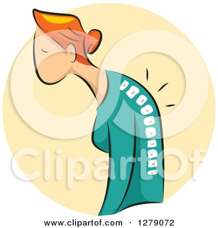 Clipart of a Hunched Red Haired White Woman and Visible Spine with Osteoporosis over a Yellow Circle - Royalty Free Vector Illustration by BNP Design Studio
