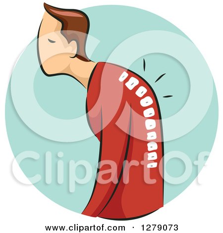 Clipart of a Hunched Brunette White Man and Visible Spine with Osteoporosis over a Blue Circle - Royalty Free Vector Illustration by BNP Design Studio