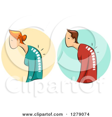 Clipart of a Hunched White Woman and Man and Visible Spines with Osteoporosis over Circles - Royalty Free Vector Illustration by BNP Design Studio