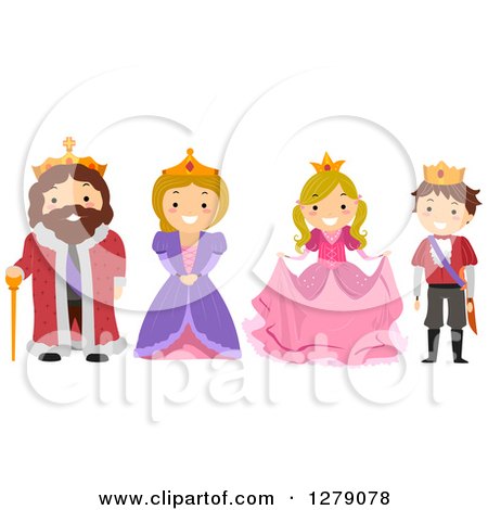 Clipart of Happy Kids Wearing Royal Family Member Costumes of a King, Queen, Princess and Prince - Royalty Free Vector Illustration by BNP Design Studio