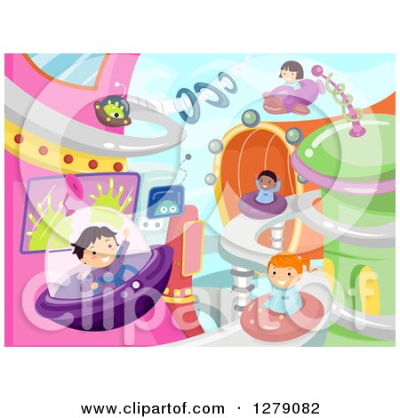 Clipart of Happy Children Playing and Flying in a Futuristic Outer Space City - Royalty Free Vector Illustration by BNP Design Studio