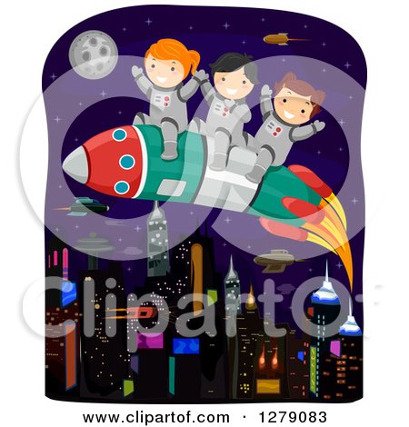 Clipart of Astronaut Kids Cheering and Riding a Rocket over a Futuristic City - Royalty Free Vector Illustration by BNP Design Studio