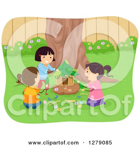Clipart of Happy Girls Building a Fairy House of Leaves and Twigs - Royalty Free Vector Illustration by BNP Design Studio