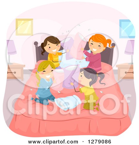Clipart of Playful Girls in the Middle of a Pillow Fight at a Slumber Party - Royalty Free Vector Illustration by BNP Design Studio
