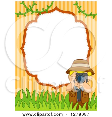 Clipart of a Blond Caucasian Tour Guy Taking Pictures over a Blank Frame, Stripes, and Foliage - Royalty Free Vector Illustration by BNP Design Studio