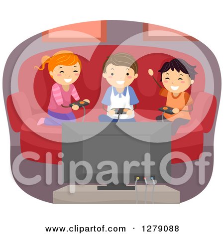 Clipart of Happy Kids Playing a Video Game at Home - Royalty Free Vector Illustration by BNP Design Studio
