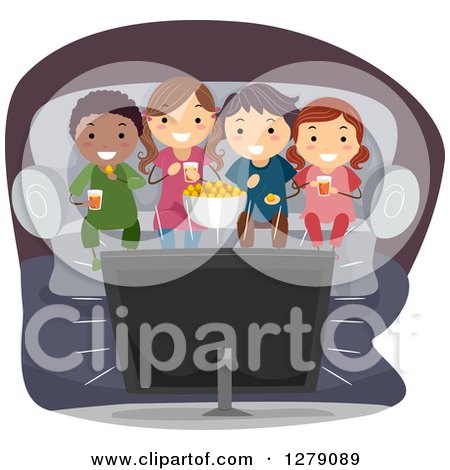 Clipart of Happy Children Snacking on Popcorn and Watching a Movie at Home - Royalty Free Vector Illustration by BNP Design Studio