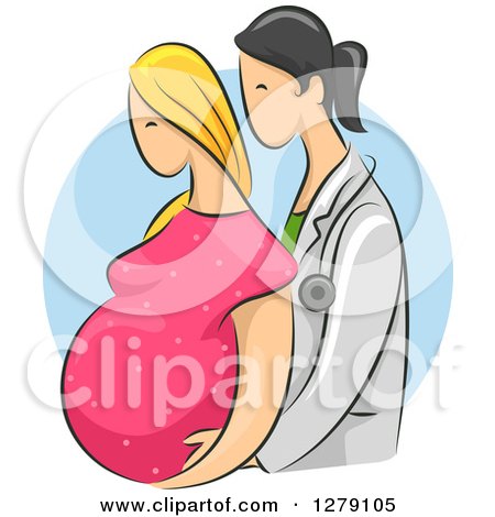 Clipart of a Sketched Female Doctor Assisting a Blond White Pregnant Woman over a Blue Circle - Royalty Free Vector Illustration by BNP Design Studio