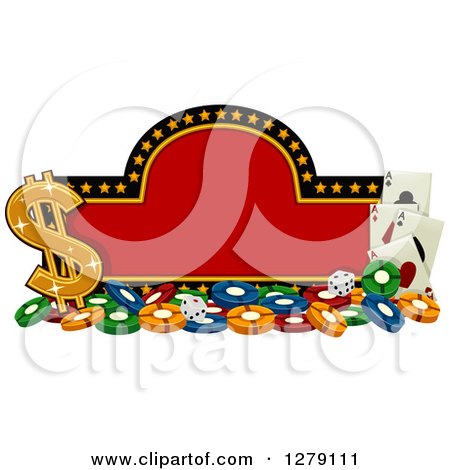 Clipart of a Red and Starry Casino Sign with Poker Chips, Dice, Playing Cards and a Dollar Symbol - Royalty Free Vector Illustration by BNP Design Studio