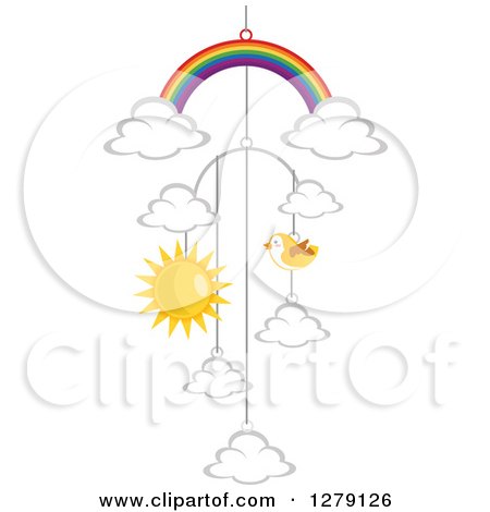 Clipart of a Rainbow, Cloud, Bird and Sun Baby Mobile - Royalty Free Vector Illustration by BNP Design Studio