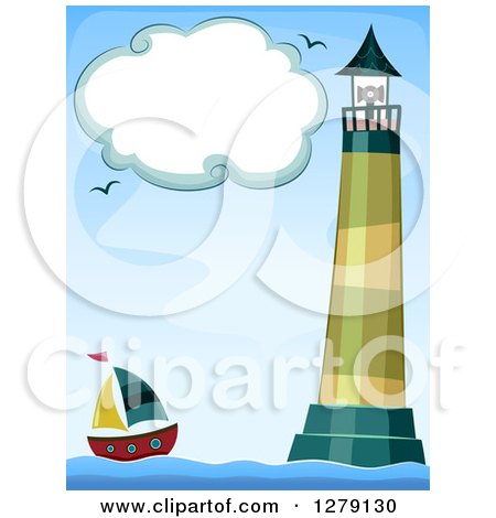 Clipart of a Cloud Frame over a Lighthouse and Sailboat at Sea - Royalty Free Vector Illustration by BNP Design Studio