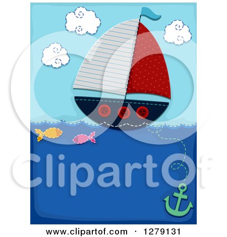 Clipart of a Sewn Styled Sailboat with Fish and an Anchor - Royalty Free Vector Illustration by BNP Design Studio