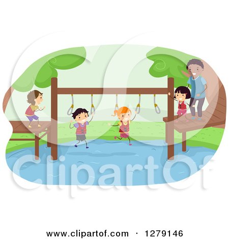 Clipart of Happy Stick Kids Crossing a Pond on an Obstacle Course - Royalty Free Vector Illustration by BNP Design Studio