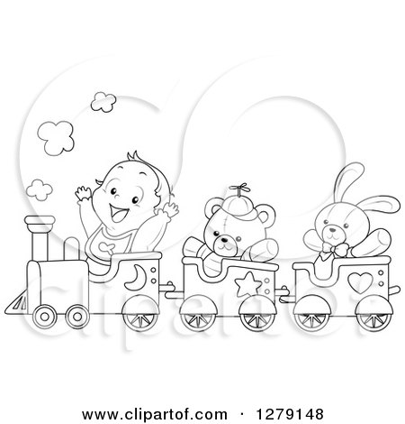 Clipart of a Black and White Happy Toddler Boy and Toys Riding in a Train - Royalty Free Vector Illustration by BNP Design Studio