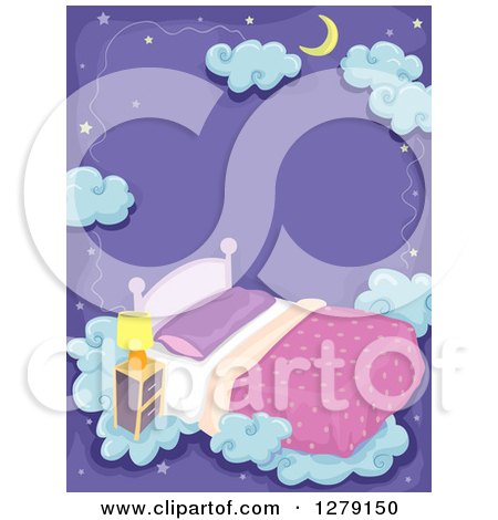 Clipart of a Dream Background of a Crescent Moon, Stars, Bed and Clouds over Purple - Royalty Free Vector Illustration by BNP Design Studio