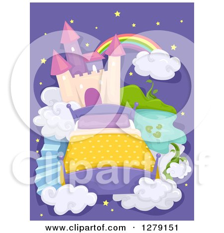 Clipart of a Dream Background of a Bed and Castle in the Sky - Royalty Free Vector Illustration by BNP Design Studio