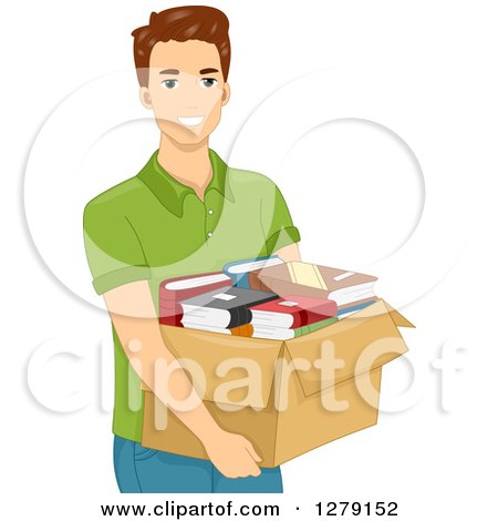Clipart of a Brunette White Man Carrying a Box of Books - Royalty Free Vector Illustration by BNP Design Studio