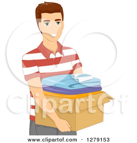 Clipart of a Brunette White Man Carrying a Box of Clothes - Royalty Free Vector Illustration by BNP Design Studio