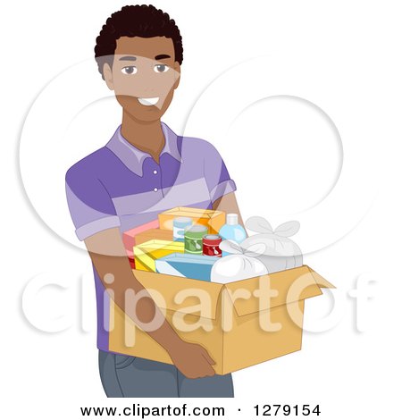 Clipart of a Handsome Happy Black Man Carrying a Box of Assorted Foods - Royalty Free Vector Illustration by BNP Design Studio
