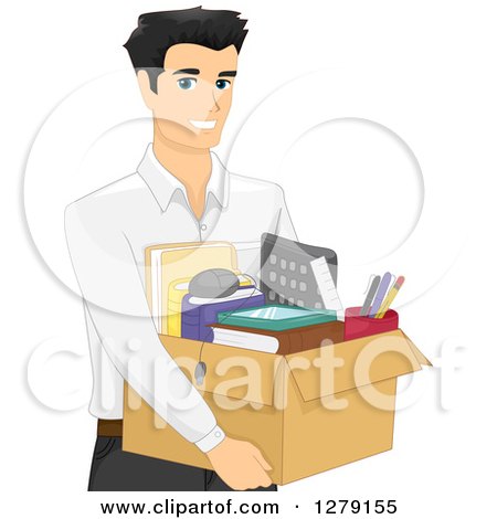 Clipart of a Handsome Asian Man Carrying a Box of Office Supplies - Royalty Free Vector Illustration by BNP Design Studio