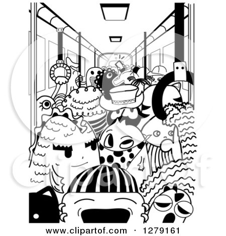 Clipart of a Black and White Doodle of Monsters in a Subway Car - Royalty Free Vector Illustration by BNP Design Studio