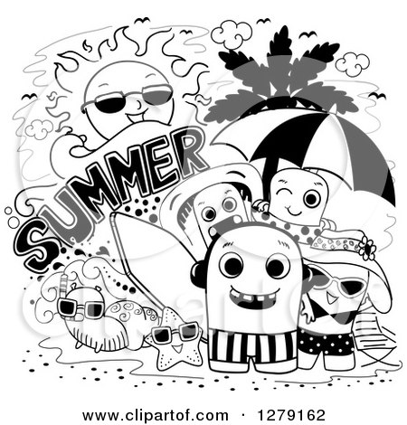 Clipart of a Black and White Doodle of Summer Monsters at the Beach - Royalty Free Vector Illustration by BNP Design Studio