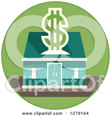 Clipart of a Bank Building with a Dollar Symbol in a Green Circle - Royalty Free Vector Illustration by BNP Design Studio