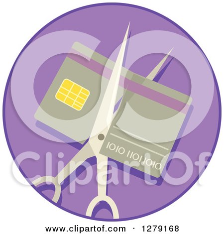 Clipart of a Scissors Cutting a Credit Card in a Purple Circle - Royalty Free Vector Illustration by BNP Design Studio