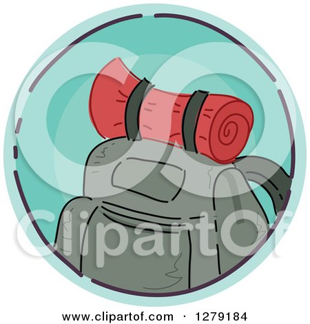 Clipart of a Sketched Round Blue Mountaineering Backpack Icon - Royalty Free Vector Illustration by BNP Design Studio