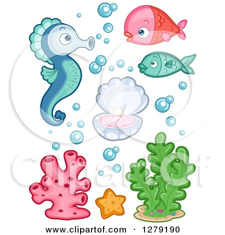 Clipart of Cute Fish, a Seahorse, Clam, Seaweed and Coral - Royalty Free Vector Illustration by BNP Design Studio