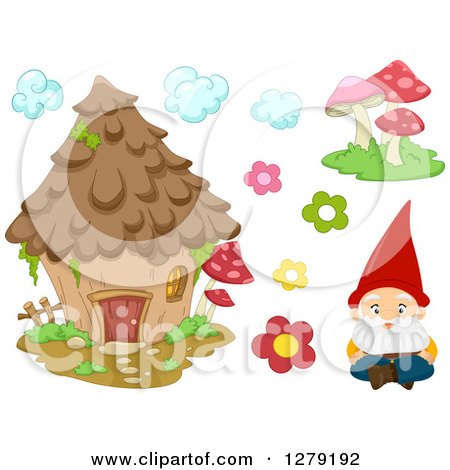 Clipart of a Fantasy Garden Gnome, Mushrooms, Flowers and a House - Royalty Free Vector Illustration by BNP Design Studio