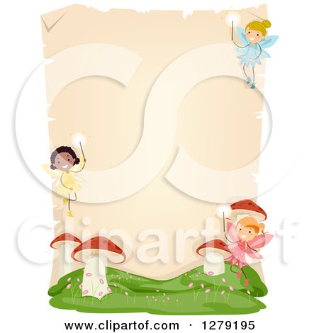 Clipart of a Blank Parchment Page with Stick Fairy Girls and Mushrooms - Royalty Free Vector Illustration by BNP Design Studio