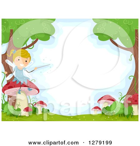 Clipart of a Happy Blond Female Stick Fairy Sitting on a Mushroom in a Forest - Royalty Free Vector Illustration by BNP Design Studio
