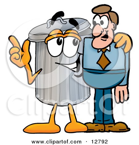 Clipart Picture of a Garbage Can Mascot Cartoon Character Talking to a Business Man by Mascot Junction