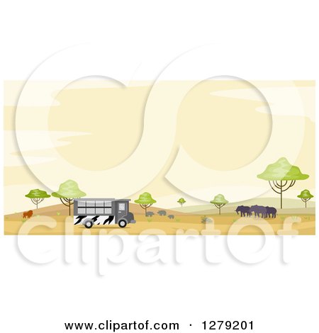Clipart of a Safari Tour Bus with a Lion, Rhinos and Elephants in an African Landscape at Sunset - Royalty Free Vector Illustration by BNP Design Studio